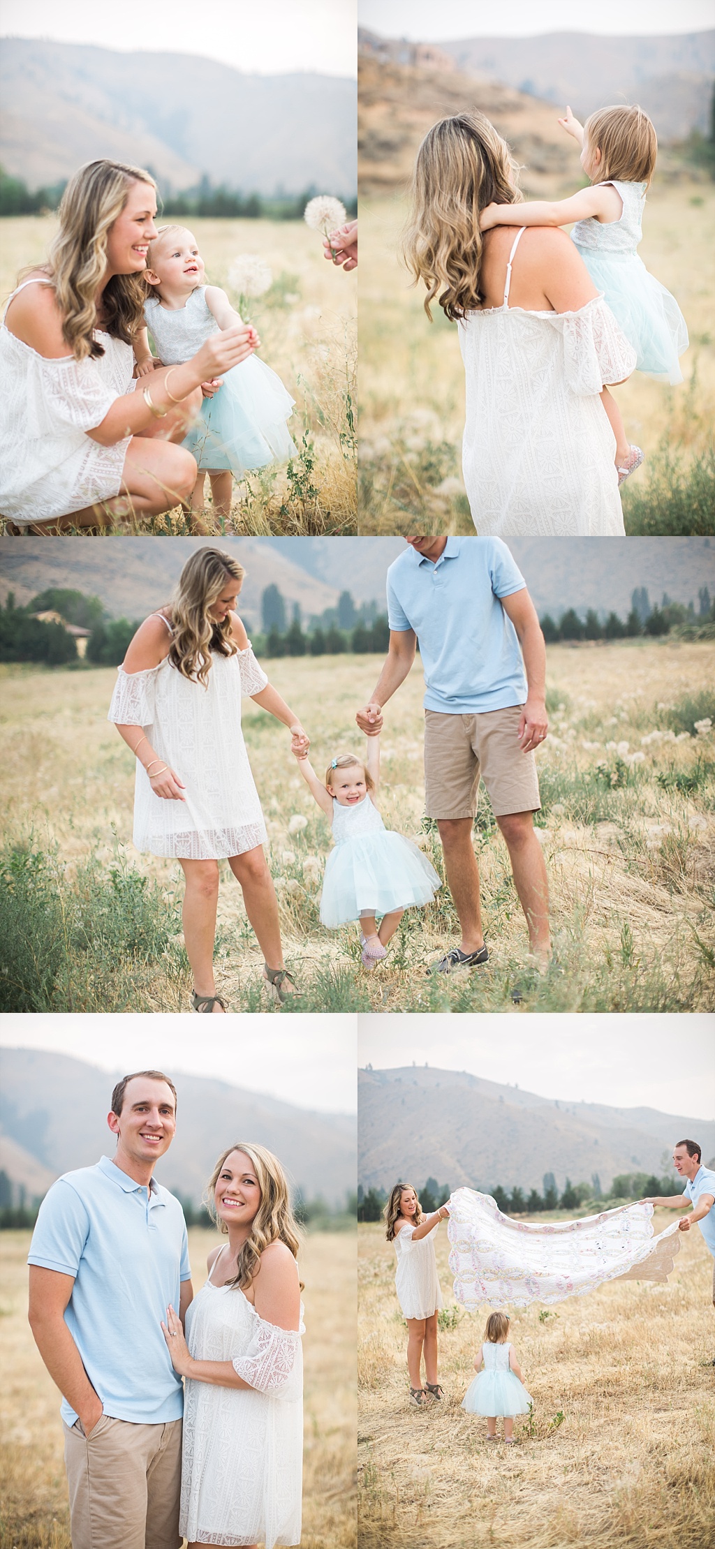 family photos in dandelion field 